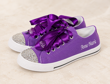 Load image into Gallery viewer, Personalised Bridal Trainers with Crystal Toes and Satin Ribbon Laces
