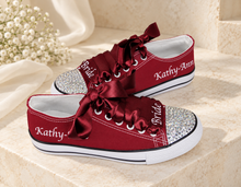 Load image into Gallery viewer, Personalised Bridal Trainers with Crystal Toes and Satin Ribbon Laces
