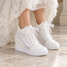 Load image into Gallery viewer, Personalised Bridal Wedge Trainers – White Lace High-Top Wedding Sneakers
