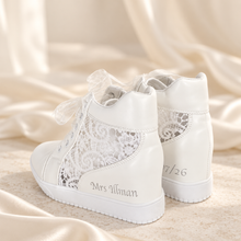 Load image into Gallery viewer, Personalised Bridal Wedge Trainers – White Lace High-Top Wedding Sneakers
