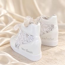 Load image into Gallery viewer, Personalised Bridal Wedge Trainers – White Lace High-Top Wedding Sneakers
