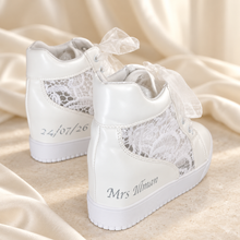 Load image into Gallery viewer, Personalised Bridal Wedge Trainers – White Lace High-Top Wedding Sneakers
