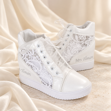 Load image into Gallery viewer, Personalised Bridal Wedge Trainers – White Lace High-Top Wedding Sneakers
