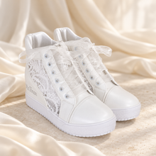 Load image into Gallery viewer, Personalised Bridal Wedge Trainers – White Lace High-Top Wedding Sneakers
