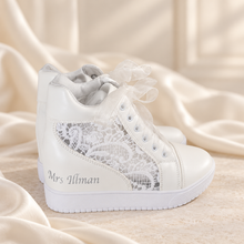 Load image into Gallery viewer, Personalised Bridal Wedge Trainers – White Lace High-Top Wedding Sneakers
