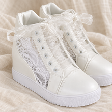 Load image into Gallery viewer, Personalised Bridal Wedge Trainers – White Lace High-Top Wedding Sneakers
