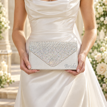 Load image into Gallery viewer, Personalised Ivory Satin Bridal Clutch Bag – Crystal Wedding Handbag with Custom Name
