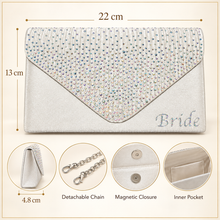 Load image into Gallery viewer, Personalised Ivory Satin Bridal Clutch Bag – Crystal Wedding Handbag with Custom Name
