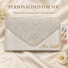 Load image into Gallery viewer, Personalised Ivory Satin Bridal Clutch Bag – Crystal Wedding Handbag with Custom Name
