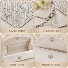 Load image into Gallery viewer, Personalised Ivory Satin Bridal Clutch Bag – Crystal Wedding Handbag with Custom Name
