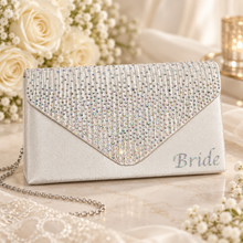Load image into Gallery viewer, Personalised Ivory Satin Bridal Clutch Bag – Crystal Wedding Handbag with Custom Name
