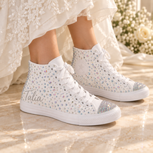 Load image into Gallery viewer, Personalised Crystal Bridal Converse Hi-Tops | White Wedding Trainers
