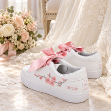 Load image into Gallery viewer, Personalised Floral Bridal Trainers – Pink or Blue Embroidery &amp; Ribbon Laces
