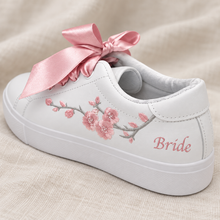 Load image into Gallery viewer, Personalised Floral Bridal Trainers – Pink or Blue Embroidery &amp; Ribbon Laces
