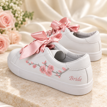 Load image into Gallery viewer, Personalised Floral Bridal Trainers – Pink or Blue Embroidery &amp; Ribbon Laces
