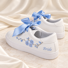 Load image into Gallery viewer, Personalised Floral Bridal Trainers – Pink or Blue Embroidery &amp; Ribbon Laces
