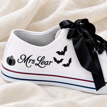 Load image into Gallery viewer, Personalised Halloween Wedding Trainers – Bats, Pumpkins &amp; Black Ribbon Laces
