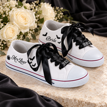 Load image into Gallery viewer, Personalised Halloween Wedding Trainers – Bats, Pumpkins &amp; Black Ribbon Laces
