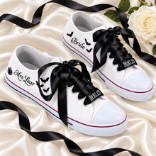 Load image into Gallery viewer, Personalised Halloween Wedding Trainers – Bats, Pumpkins &amp; Black Ribbon Laces
