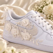 Load image into Gallery viewer, Personalised Nike Air Force 1 Bridal Trainers | Floral Lace &amp; Pearls
