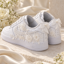 Load image into Gallery viewer, Personalised Nike Air Force 1 Bridal Trainers | Floral Lace &amp; Pearls
