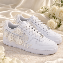 Load image into Gallery viewer, Personalised Nike Air Force 1 Bridal Trainers | Floral Lace &amp; Pearls
