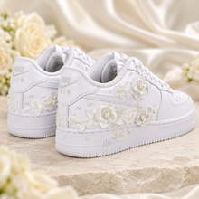 Load image into Gallery viewer, Personalised Nike Air Force 1 Bridal Trainers – Floral Lace &amp; Pearls
