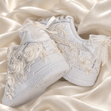 Load image into Gallery viewer, Personalised Nike Air Force 1 Bridal Trainers | Floral Lace &amp; Pearls
