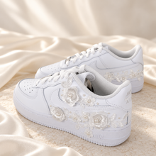 Load image into Gallery viewer, Personalised Nike Air Force 1 Bridal Trainers – Floral Lace &amp; Pearls
