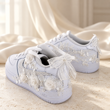 Load image into Gallery viewer, Personalised Nike Air Force 1 Bridal Trainers | Floral Lace &amp; Pearls
