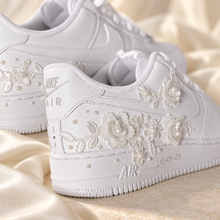 Load image into Gallery viewer, Personalised Nike Air Force 1 Bridal Trainers – Floral Lace &amp; Pearls
