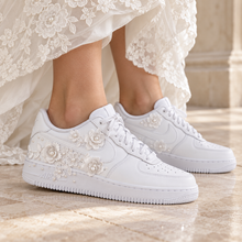 Load image into Gallery viewer, Personalised Nike Air Force 1 Bridal Trainers – Floral Lace &amp; Pearls
