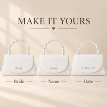 Load image into Gallery viewer, Personalised Ivory Bridal Clutch Bag – Pearl Handle Wedding Purse with Removable Chain
