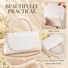 Load image into Gallery viewer, Personalised Ivory Bridal Clutch Bag – Pearl Handle Wedding Purse with Removable Chain
