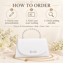 Load image into Gallery viewer, Personalised Ivory Bridal Clutch Bag – Pearl Handle Wedding Purse with Removable Chain
