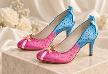 Load image into Gallery viewer, Aurora Inspired Satin Bridal Heels | Pink &amp; Blue Crystal Wedding Shoes
