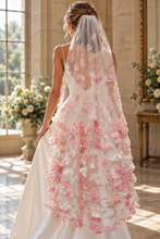 Load image into Gallery viewer, Pink 3D Flower Wedding Veil with Rose-Gold Embroidered Leaves | 150 cm
