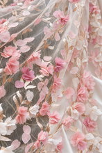 Load image into Gallery viewer, Pink 3D Flower Wedding Veil with Rose-Gold Embroidered Leaves | 150 cm
