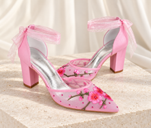Load image into Gallery viewer, Pink Blossom Bridal Block Heels | Embroidered Mesh Wedding Shoes with Ribbon Ties
