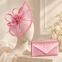 Load image into Gallery viewer, Pink Satin Clutch Bag and Fascinator Set
