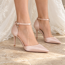 Load image into Gallery viewer, Pointed-Toe Satin Bridal Shoes with Ankle Strap | Custom Colours
