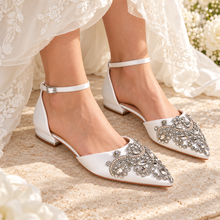 Load image into Gallery viewer, Pointed Toe Bridal Flats with Rhinestone Appliqué &amp; Ankle Strap
