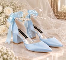 Load image into Gallery viewer, Light Blue Satin Bridal Shoes – Something Blue Block Heel Wedding Shoes

