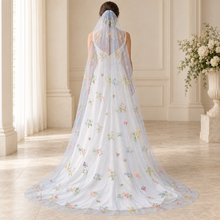 Load image into Gallery viewer, Blue Meadow Embroidered Wedding Veil – Colourful Floral Bridal Veil
