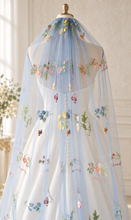 Load image into Gallery viewer, Blue Meadow Embroidered Wedding Veil – Colourful Floral Bridal Veil
