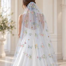 Load image into Gallery viewer, Blue Meadow Embroidered Wedding Veil – Colourful Floral Bridal Veil
