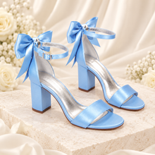 Load image into Gallery viewer, Blue Satin Bridal Shoes with Bows – Block Heel Wedding Sandals
