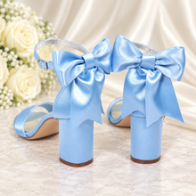 Load image into Gallery viewer, Blue Satin Bridal Shoes with Bows – Block Heel Wedding Sandals
