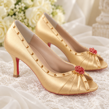 Load image into Gallery viewer, Gold Satin Bridal Heels with Red Crystal Roses | Princess Belle Inspired Shoes

