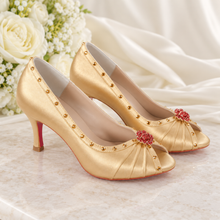 Load image into Gallery viewer, Gold Satin Bridal Heels with Red Crystal Roses | Princess Belle Inspired Shoes
